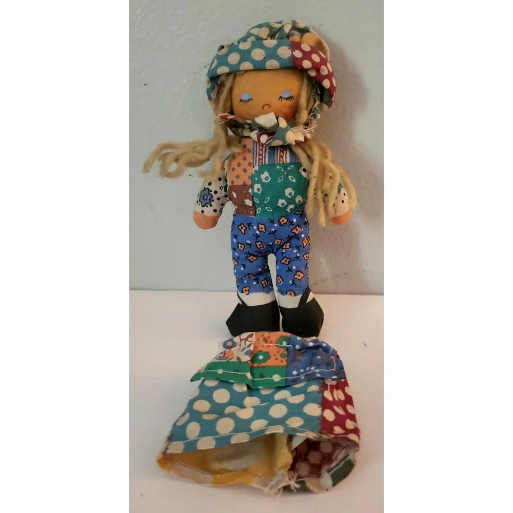 Vintage Ocean Toys cloth girl Rag Doll Yarn Hair Multicolor Patchwork Dress 6.5